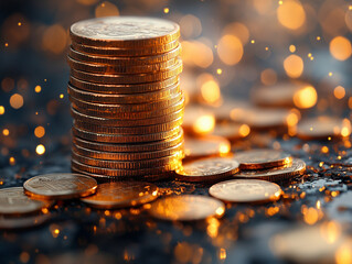 Stack Money Business success growing concept, bokeh background, warm tone.