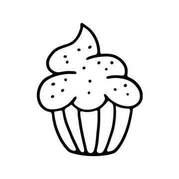 recommend clip art: A delightful black-and-white outline of a cupcake topped with smooth frosting and sprinkles.