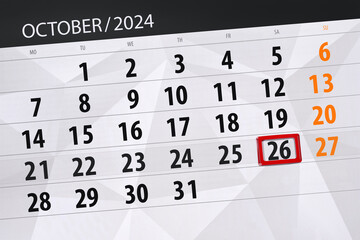 Calendar 2024, deadline, day, month, page, organizer, date, October, saturday, number 26