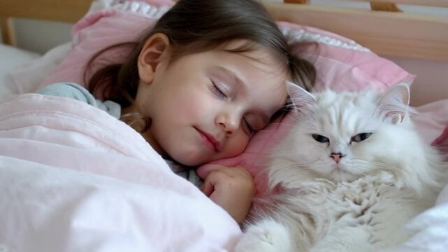 Cute little girl sleeping on a bed with her white cat