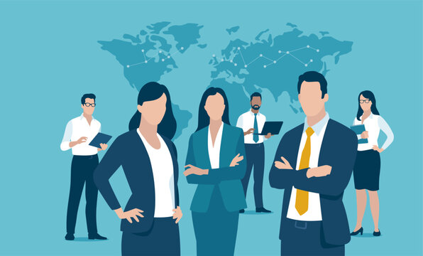 The team. A team of six office workers. Global business. Business vector illustration. 