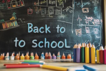 Colorful pencils standing on desk with back to school written on blackboard