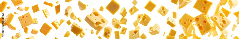 Poster the image shows falling cheese slices isolated on a white background, with selective focus