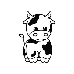 A charming black and white line drawing of a cute cartoon cow with large expressive eyes and a rounded body