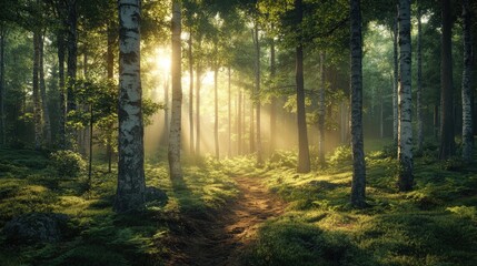 Obraz premium Sun shining through trees on misty forest path