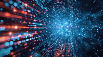 Futuristic simulation of 5G network concept artificial intelligence quantum physic matrix particles deep learning performing analytic computational head up display background