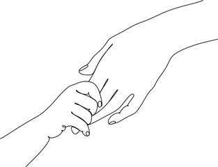 Baby holding mother's finger in line art style, concept of mother's protection and parental care. Mother holding baby's hand
