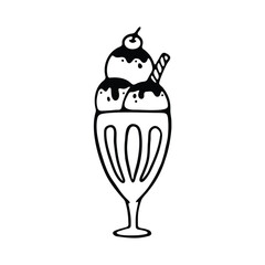 A black and white line drawing of a classic ice cream sundae in a tall glass.