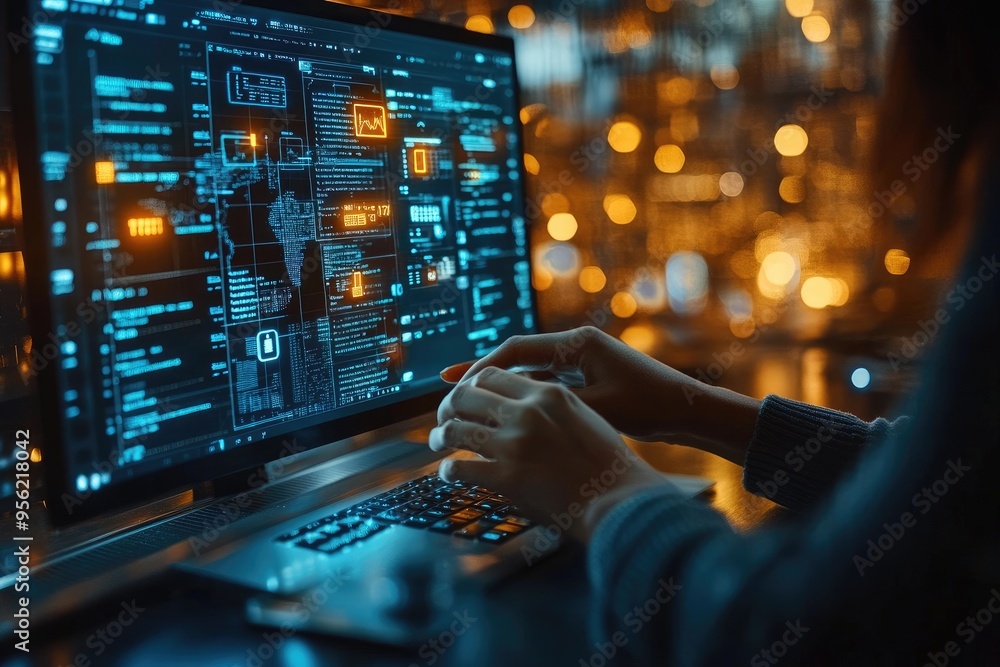 Fototapete Software developer working on computer with abstract program code at night