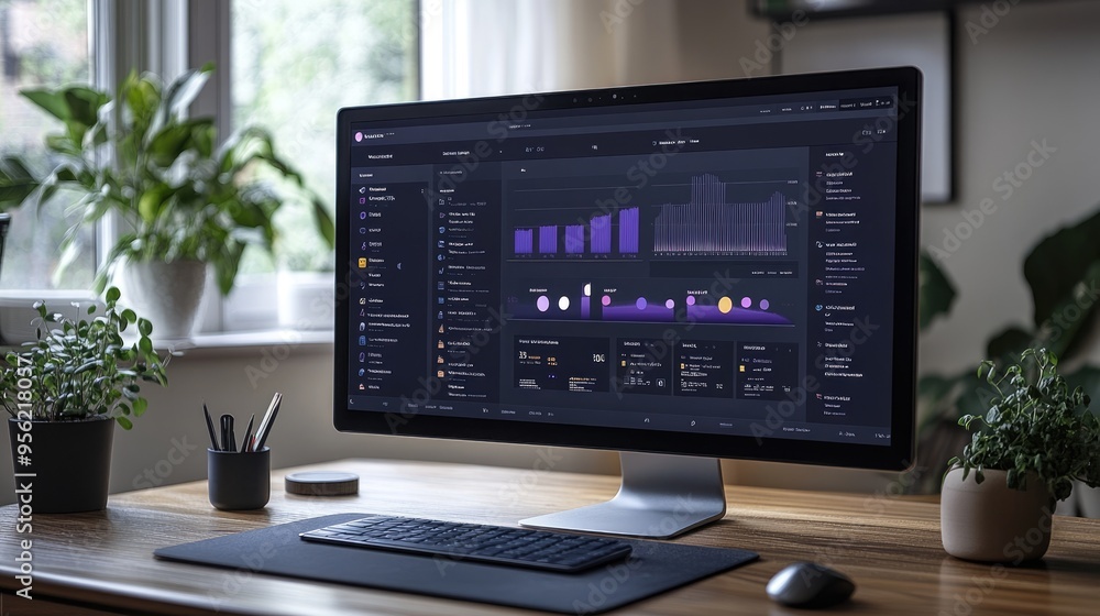Poster Modern computer showing graphs and data on screen standing on desk in home office