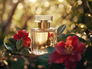 Elegant perfume bottle standing on wood with red flowers and golden light