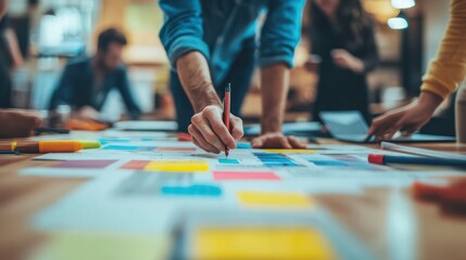 Colleagues in a creative brainstorming session, using colored markers and a large paper roll to visualize their collective ideas.