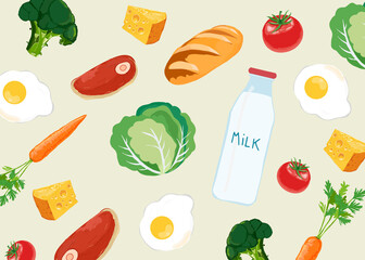 Illustration of healthy foods against colored background