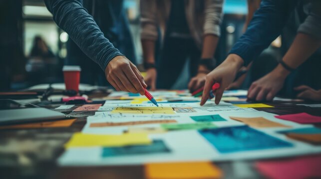 Colleagues in a creative brainstorming session, using colored markers and a large paper roll to visualize their collective ideas.