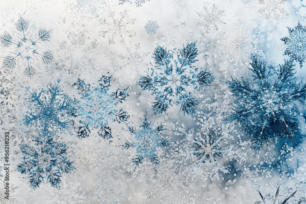 Poster delicate and intricate snowflakes float gracefully against a soft backdrop, evoking a serene winter 