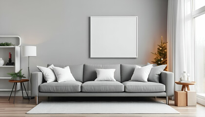 A room that feels like Christmas has a gray sofa, white throw pillows, and a white frame on the wall.