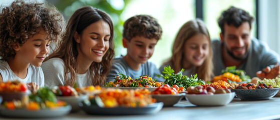 Fototapeta premium A joyful family gathering around a table filled with delicious dishes, showcasing love for food and togetherness.