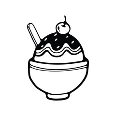 A detailed black and white line drawing of an ice cream sundae in a bowl, topped with syrup, a cherry, and a wafer stick.