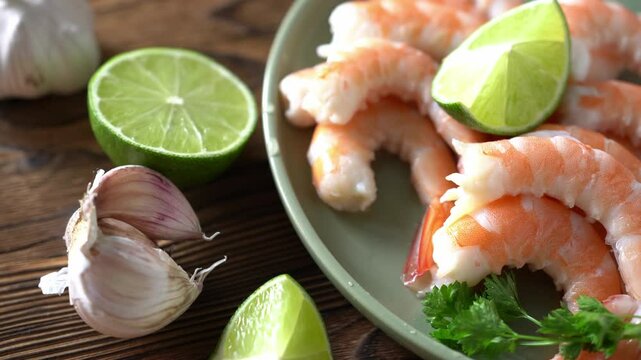Shrimp with garlic cloves and citrus.