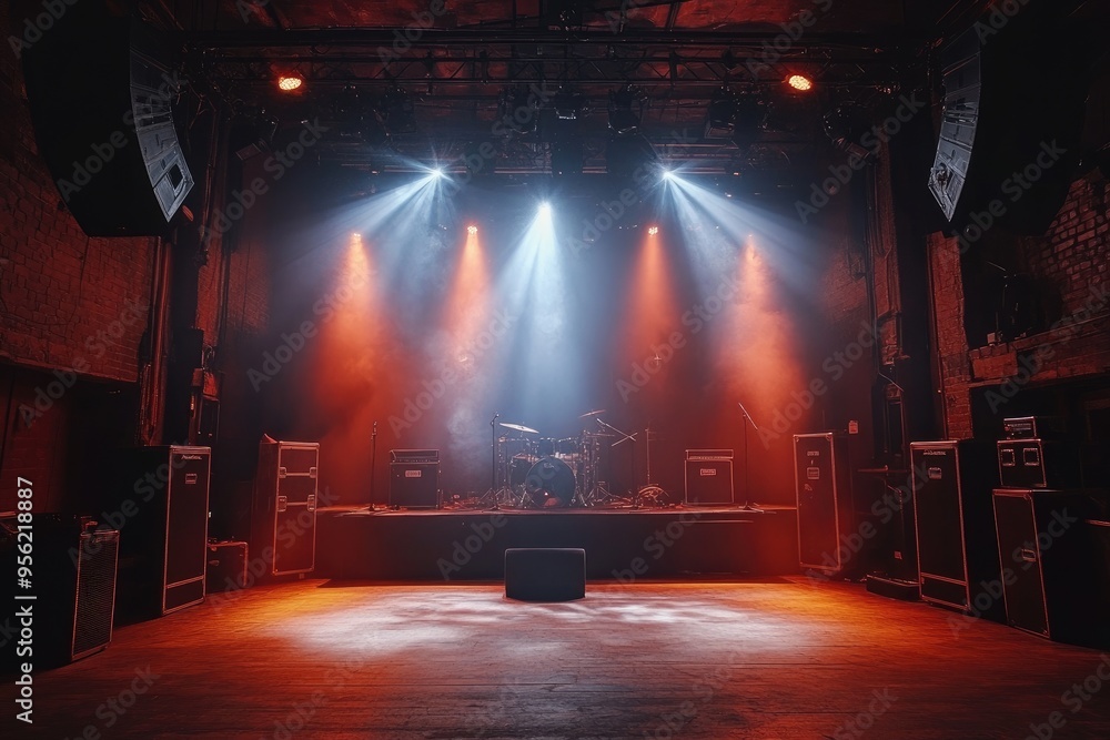 Poster Empty stage lighting setup with instruments waiting for the show to start