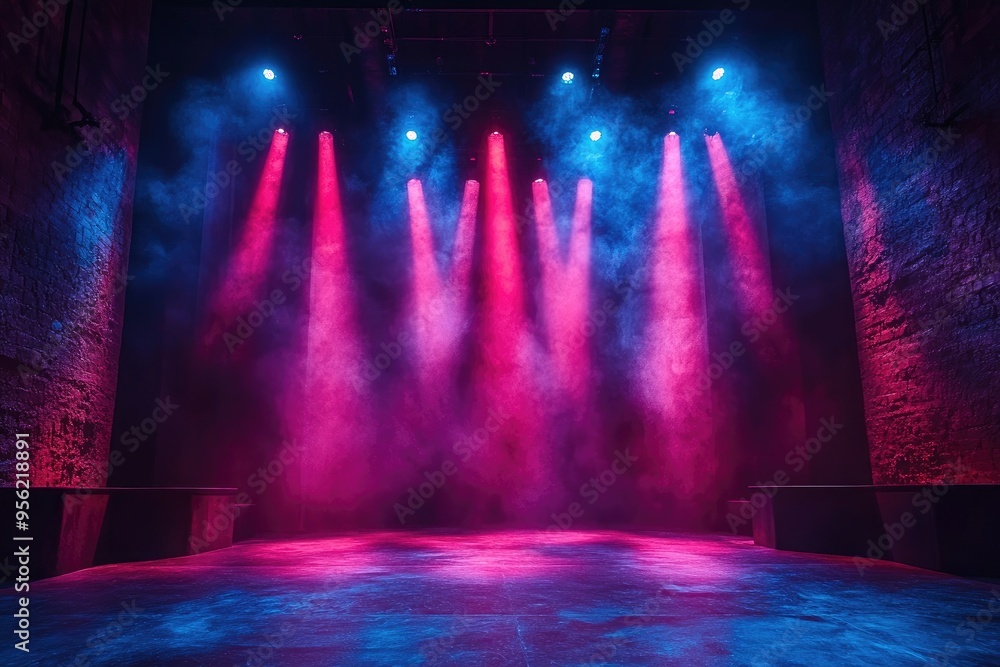 Poster empty theater stage being illuminated by spotlights and filled with smoke