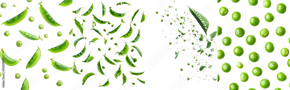Poster a falling green pea, isolated on white, with a clipping path and full depth of field
