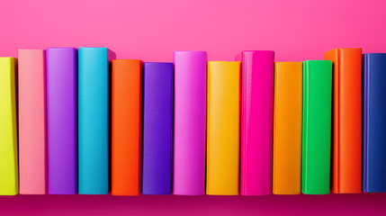 Fototapeta premium colorful stack of books upward on pink background 