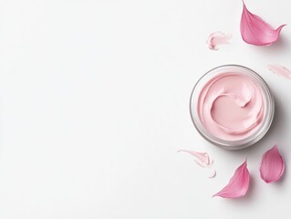 Obraz premium A delicate pink cream in a glass jar surrounded by soft pink petals, offering a serene and elegant aesthetic for beauty products.