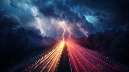 Lighting strike with long exposure traffic trails under stormy sky