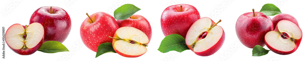 Poster red apple isolated on white background, clipping path, depth of field of 100%