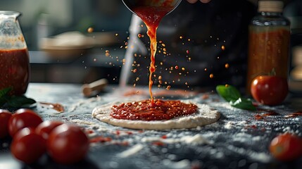 Cook pouring tomato sauce over pizza dough