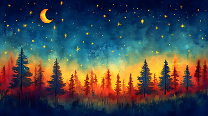 Naklejka premium Night Sky Watercolor Painting with Silhouetted Pine Trees and Crescent Moon