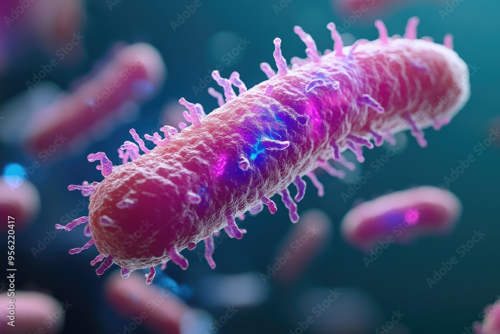 Poster microscopic view of bacteria showing cell division and flagella