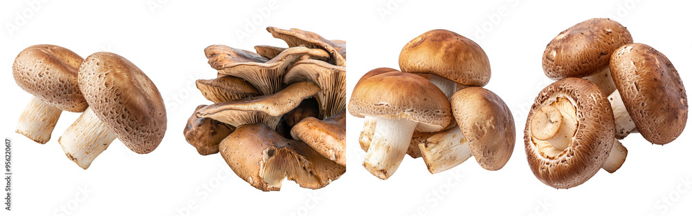 Poster spectacular fall of a champignon mushroom, isolated on a white background, clipping path, full depth