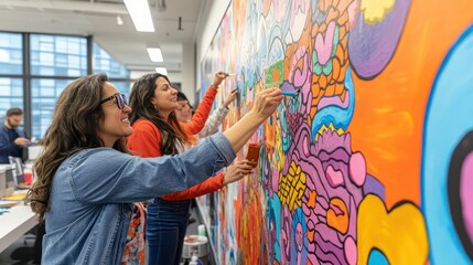Fototapeta premium Employees collaborating on a mural in the office, using art as a medium for teamwork and creative expression.