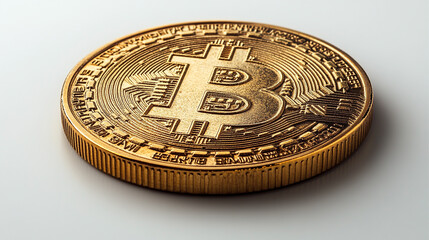 Close-up of a shiny Bitcoin, showcasing its intricate design and texture, symbolizing cryptocurrency and digital finance.