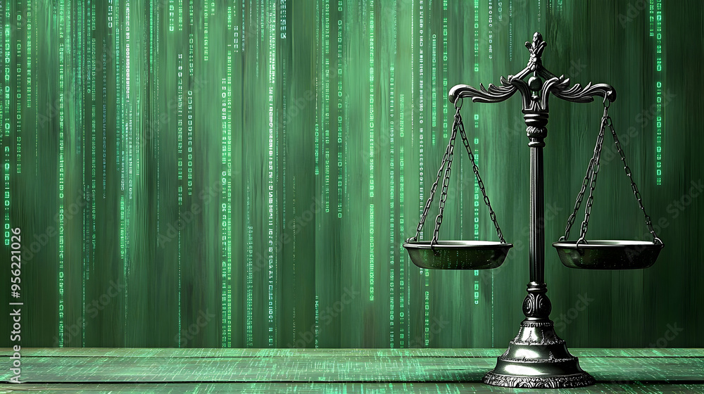 Wall mural scales of justice and digital code background