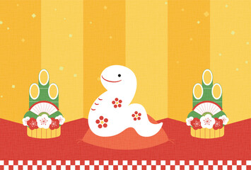 蛇（巳年）の置物と屏風と門松の年賀状向け背景イラスト