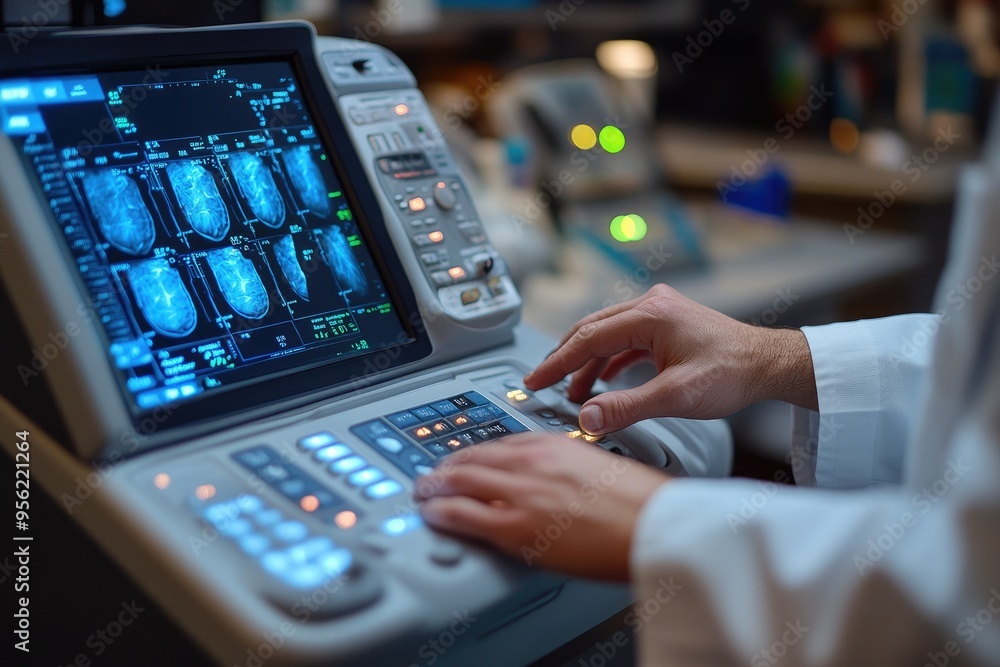 Poster Medical professional analyzing brain scan on computer in a hospital operating room