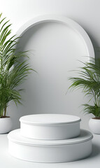 3D blue podium stand with white backdrop is perfect for modern interior concept product display mockups. The stand is set on a floor and soft white  and leafs background