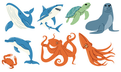 Set of flat vector illustrations. Animals of the sea, whale dolphin crab squid octopus seals turtle shark. . Vector illustration