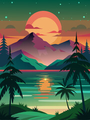 Sunset Over Mountain Range and Still Water with Palm Trees