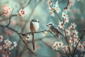 Fototapeta premium A whimsical scene of a long-tailed tit resting on a delicate branch, surrounded by spring blossoms