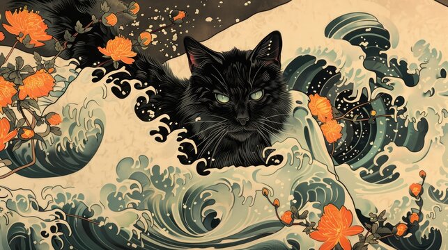 Ukiyo e artistic image of black cat flower tattoo wave repeat