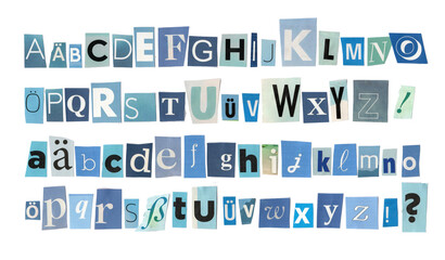 Blue cut-out letters of the alphabet arranged with both uppercase and lowercase letters, collaged typography.