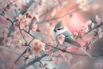 Obraz premium A whimsical scene of a long-tailed tit resting on a delicate branch, surrounded by spring blossoms