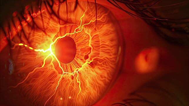 close up of fluorescence stain on SPK of EKC patient during eye examination in dark room