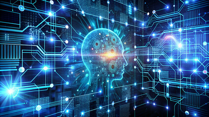 Fototapeta premium Futuristic AI head glowing amidst circuit board backdrop. Digital brain emitting data, symbolizing technological advancement.