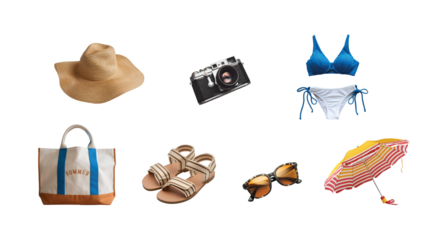 Summer travel elements: bikini, sunglasses, hat, umbrella, camera, canvas bag, and flip flops.  PNG file for mock-up.