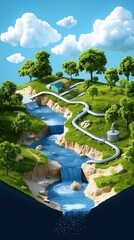 A surreal landscape with cascading waterfalls, lush greenery, and a winding water pipe under a vibrant blue sky with fluffy clouds.